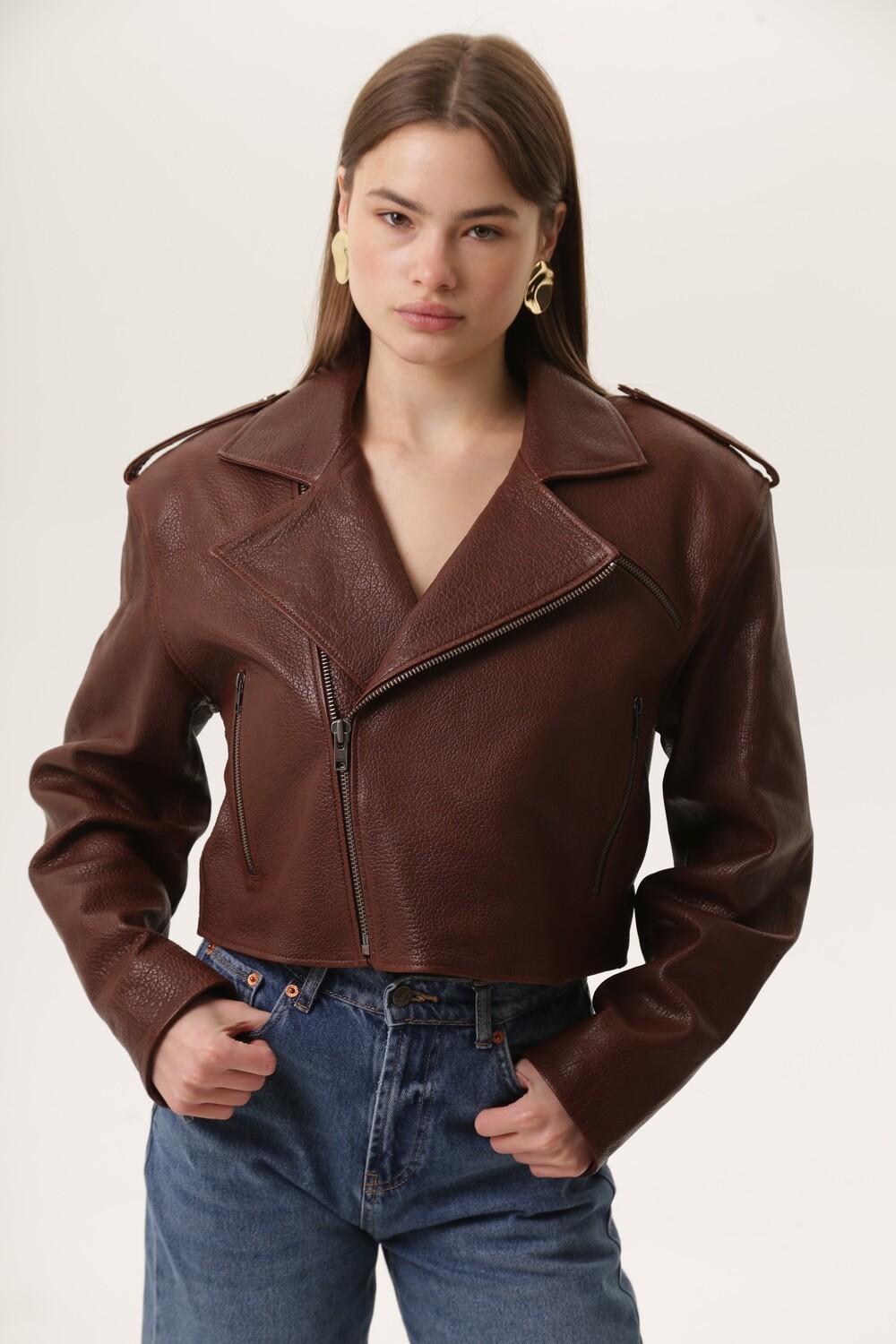 Biker jacket made of genuine leather, brown