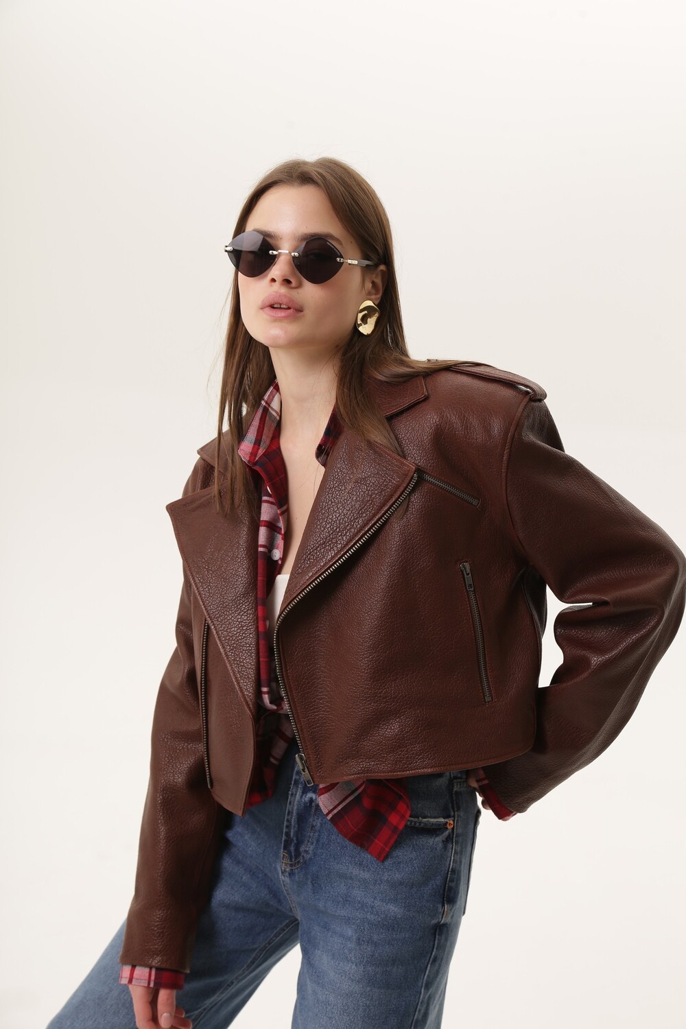 Biker jacket made of genuine leather, brown