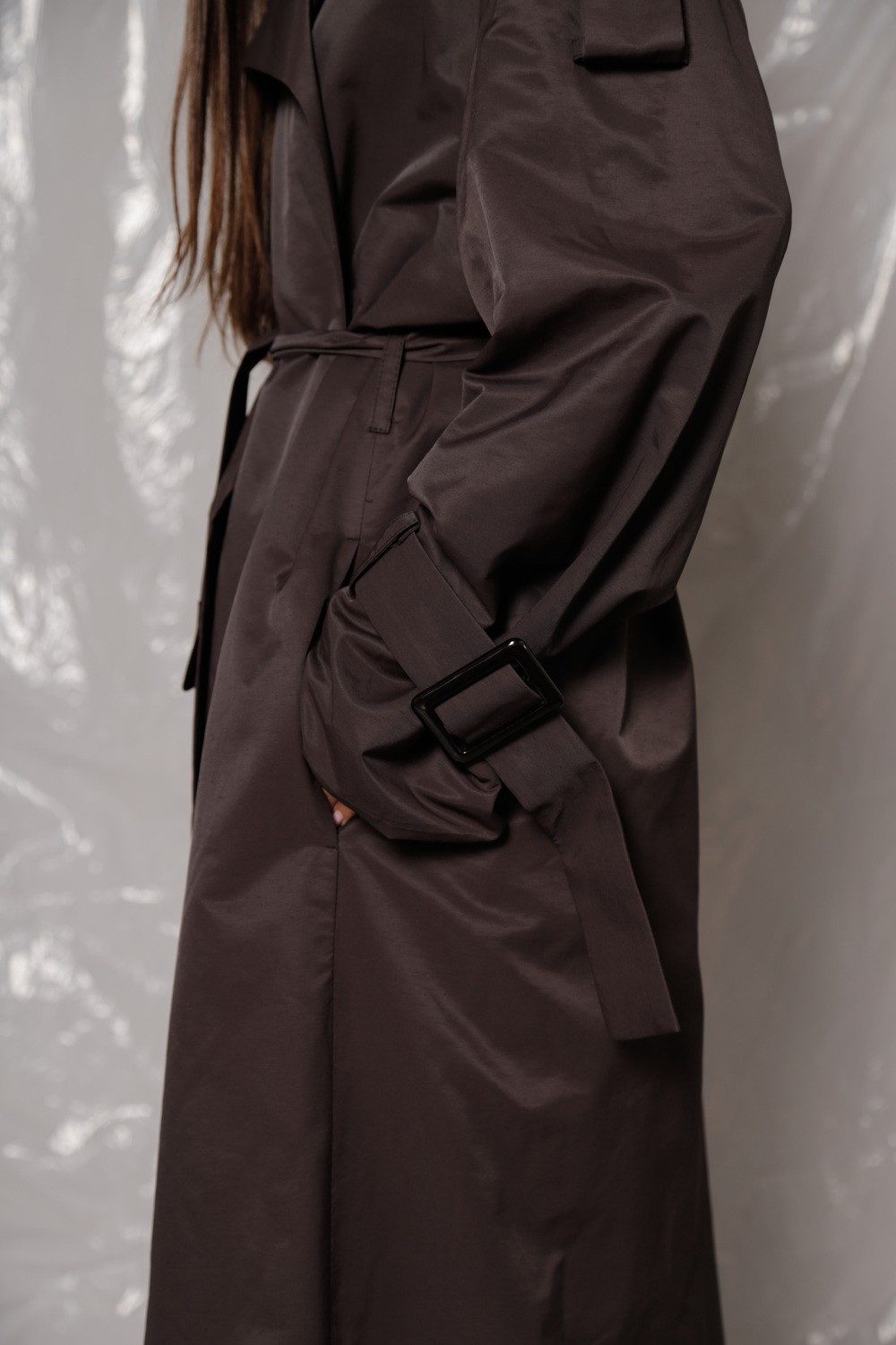 Wrap trench coat in brown